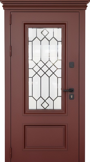 Металлофиленчатая термодверь с карнизом, стеклом, лазерной резкой и порошковым покрытием RAL 3011