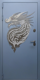 Входная дверь с лазерной резкой «дракон» и порошковым напылением муар