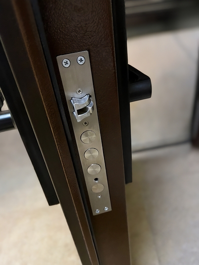 Металлическая остекленная дверь с накладными багетами МДФ